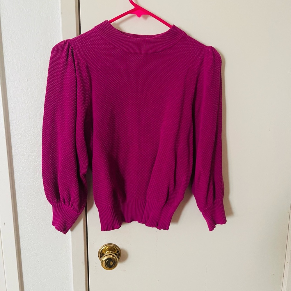 Magenta Puff-Sleeve Crewneck Sweater - Women